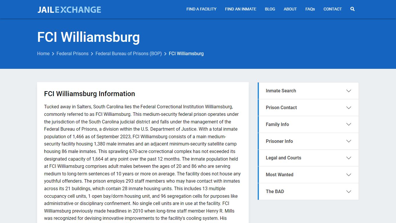 Federal Inmate Search - FCI Williamsburg - Jail Exchange