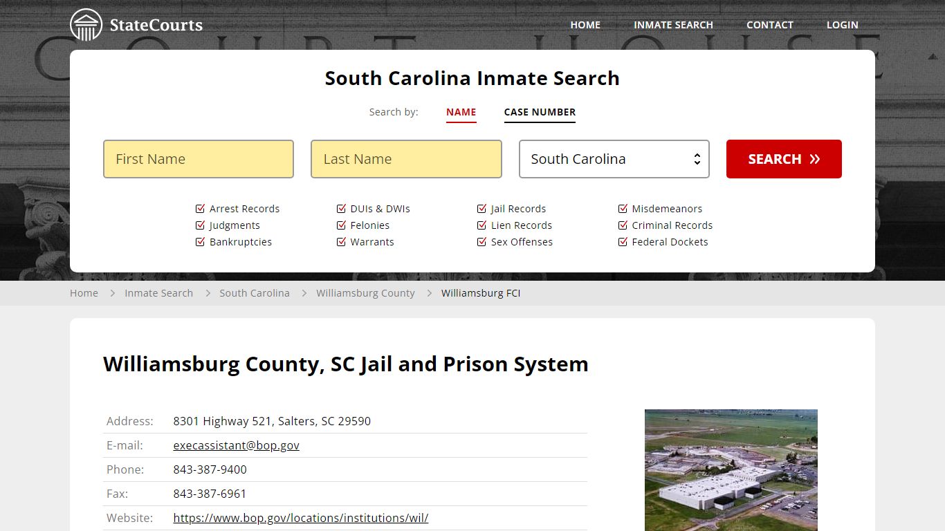 Williamsburg FCI Inmate Records Search, South Carolina - StateCourts