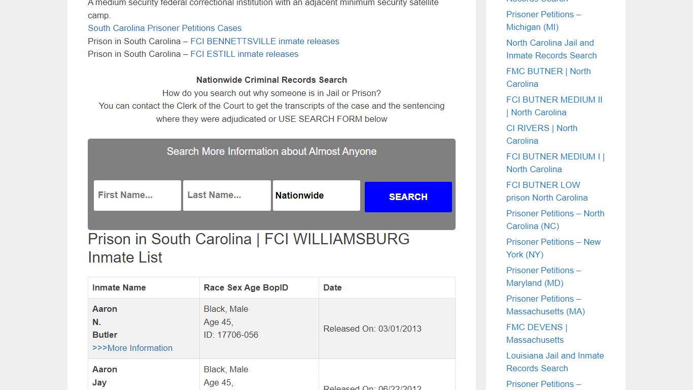 Prison in South Carolina | FCI WILLIAMSBURG – Inmate Releases